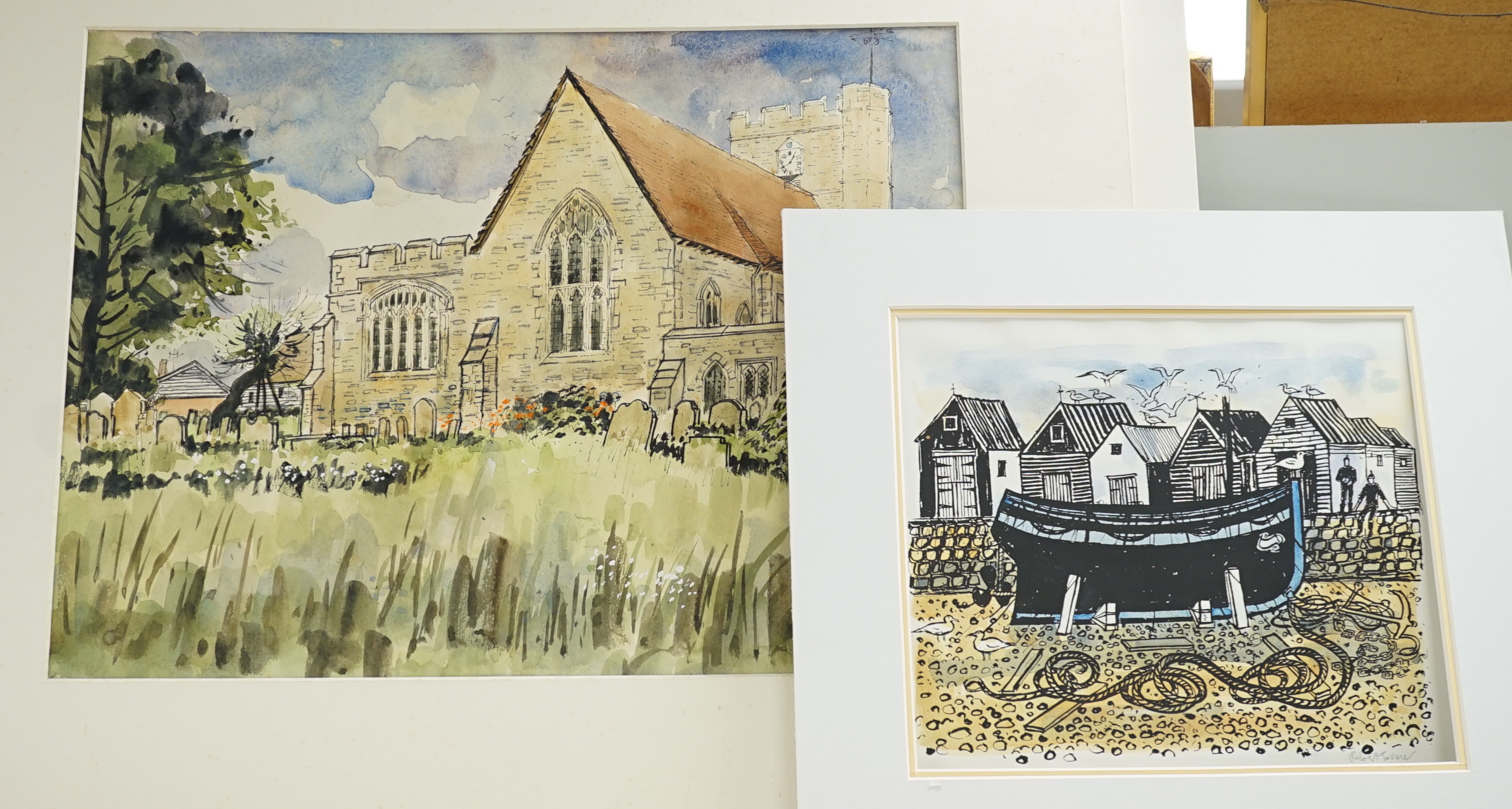 Robert Tavener (1920-2004), two watercolours and a print, 'View of a church', 'Coastal scene' and 'Fishing boat on the beach', two signed, largest 30 x 40cm, unframed